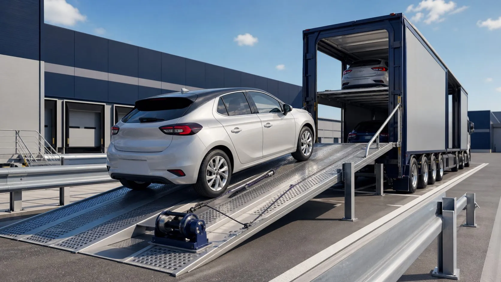 3D Autoverladung eines Unfallwagens auf einen Fahrzeugtransporter