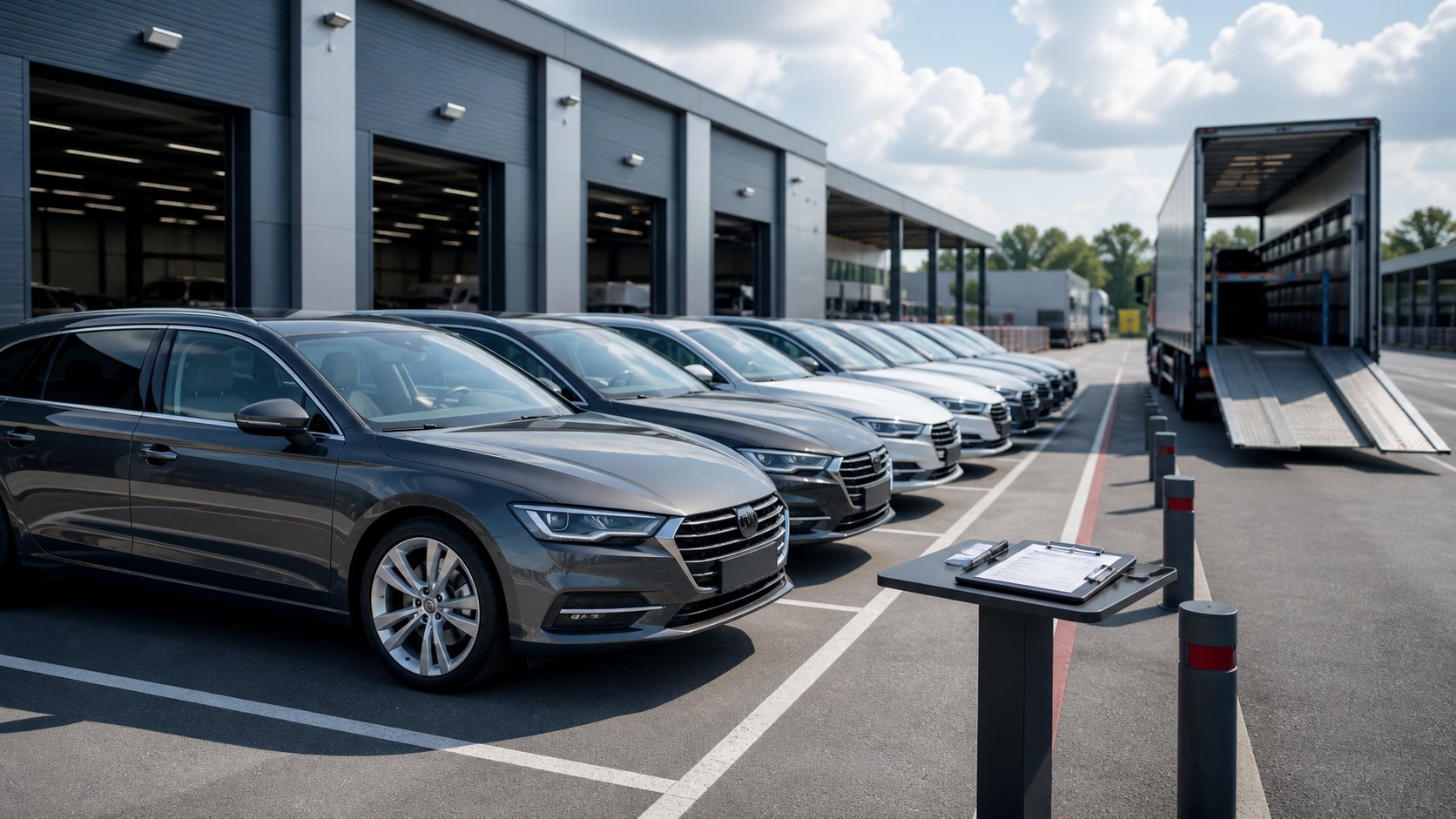 3D Firmenwagen und Transporter als Exportflotte vor einer Logistikhalle