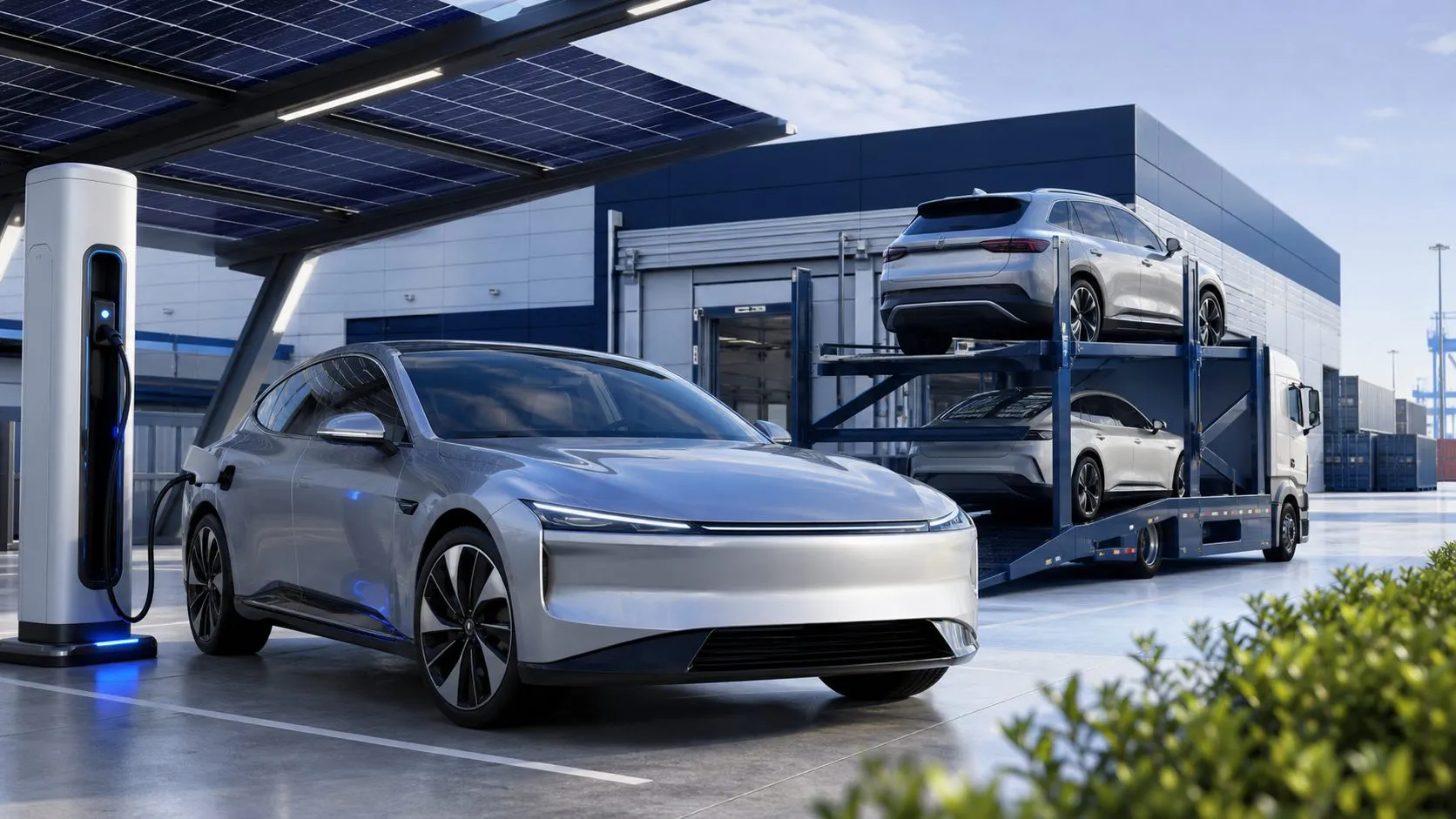 3D E-Auto Export mit Ladestation und Fahrzeugtransporter