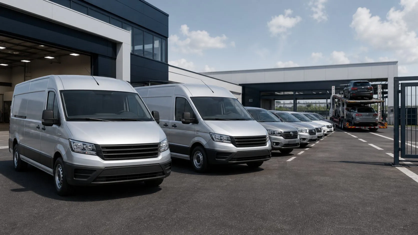 3D Transporter und Firmenfahrzeuge vor einem Autoexport Logistikzentrum